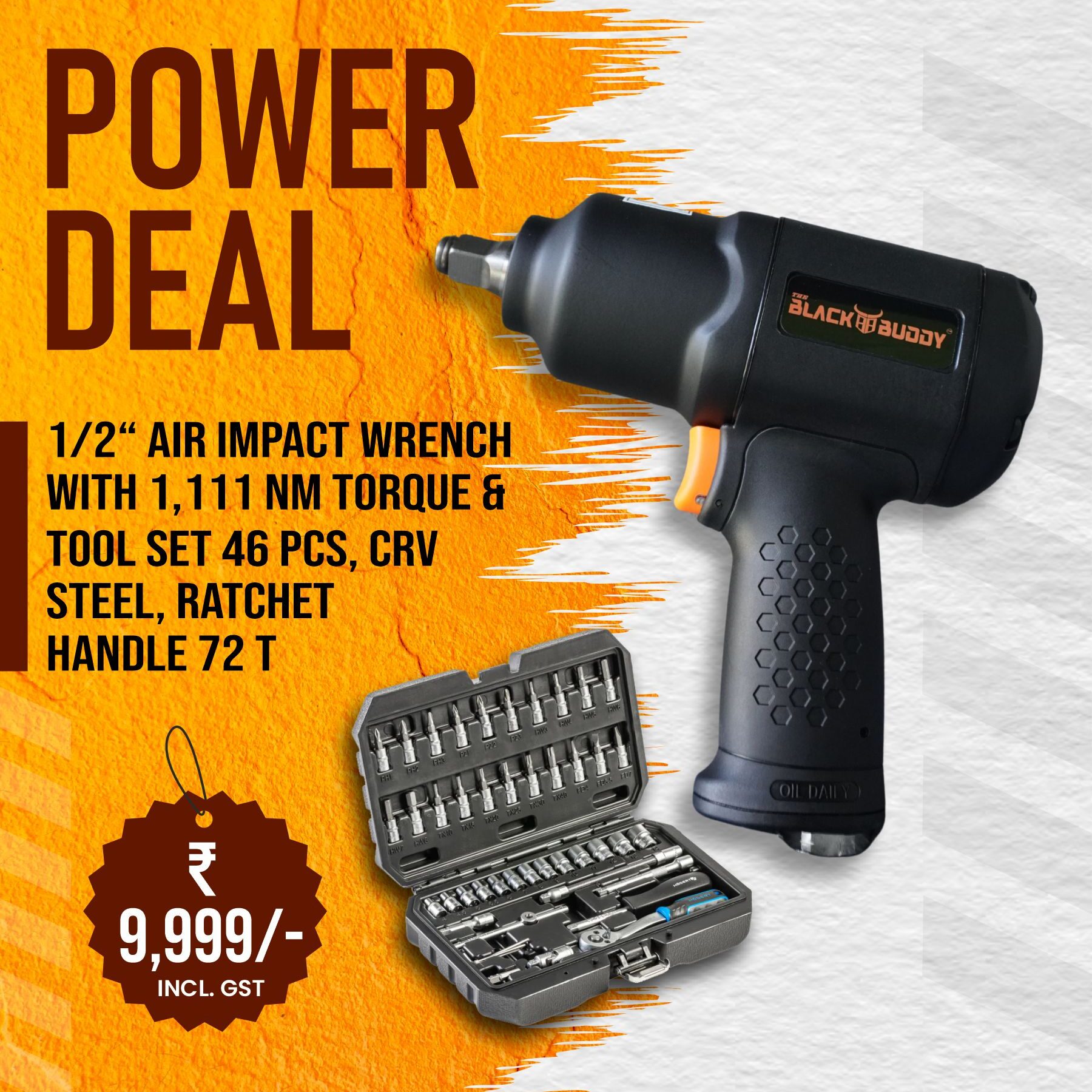 Power Deal: 1/2″ Air Impact Wrench + 46 pcs Tool Set, CrV—steel, Ratchet Handle 72 T